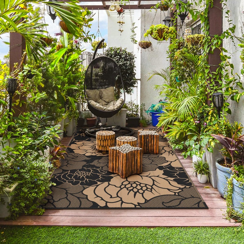 GENIMO Outdoor Rug Waterproof for Patio Decor, 5' x 8' Reversible Plastic Straw Floral Camping Carpet, Large Area Rugs Mats for RV, Camper, Deck, Balcony, Porch, Beach, Picnic, Mix-Black & Brown - Image 3
