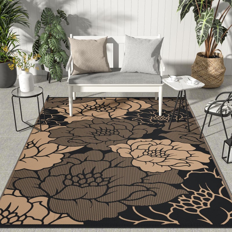 GENIMO Outdoor Rug Waterproof for Patio Decor, 5' x 8' Reversible Plastic Straw Floral Camping Carpet, Large Area Rugs Mats for RV, Camper, Deck, Balcony, Porch, Beach, Picnic, Mix-Black & Brown - Image 1