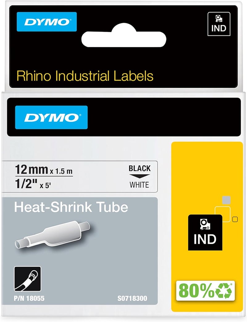 DYMO Industrial Heat Shrink Tubes, Black on White, 12mm x 1.5m for Labelwriter and Industrial Label Makers - Image 1