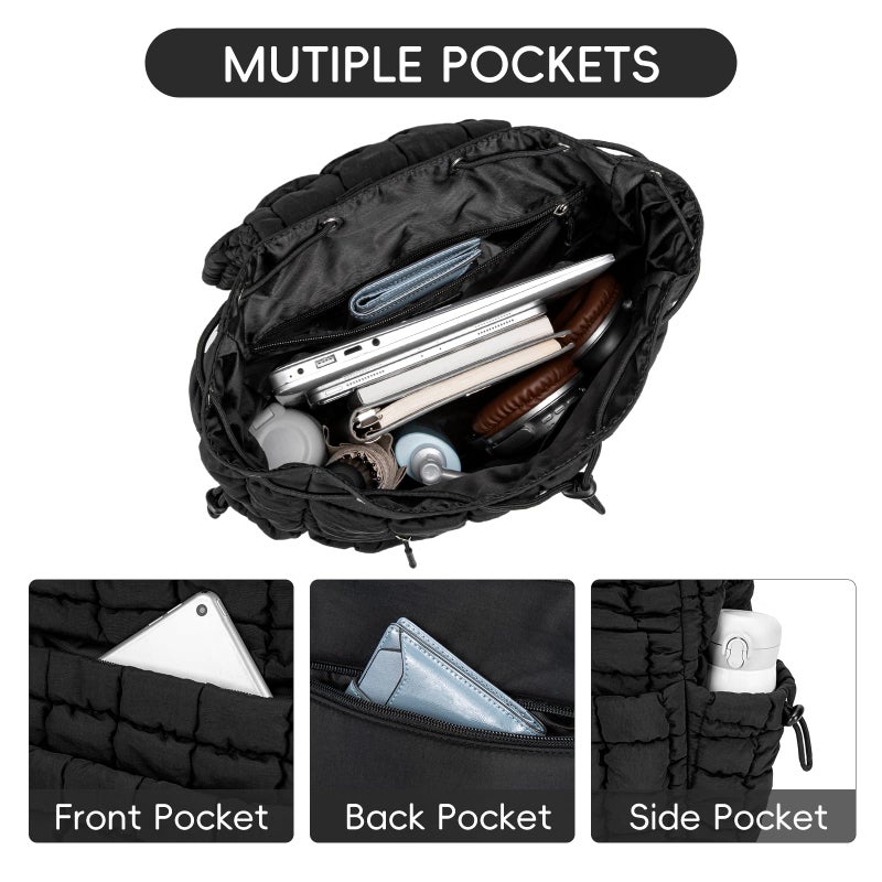 CLUCI Puffy Quilted Backpack for Women, Casual Lightweight Daypack for Women Travel (Black) - Image 3