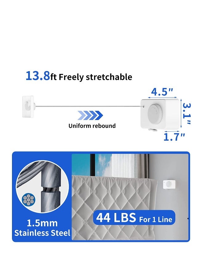 Retractable Clothesline Indoor Clothes Line Retracting Outdoors Wall Mounted Clothes Line Outdoors Set 13.8 Ft Heavy Duty 50lbs Weight Retractable Laundry Line Space Saving Easy Installation White - Image 3