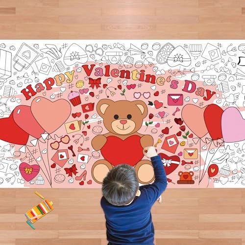 OHOME Valentines Giant Coloring PosterTableclothValentines Day Gifts for Kids Classroom School30 x 72 Inches Jumbo Coloring Banner Kids Crafts Games Activities Toys Decor Party Decorations - Image 1