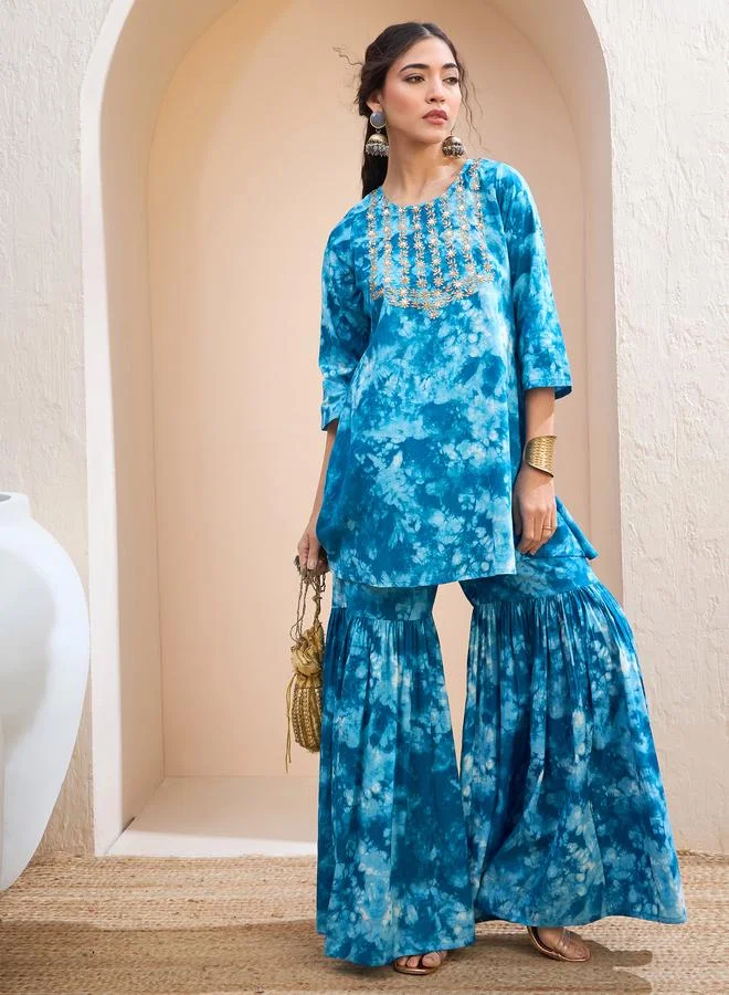 SASSAFRAS Sassafras Blue Tie-Dye Embroidered Kurta and Sharara Set
