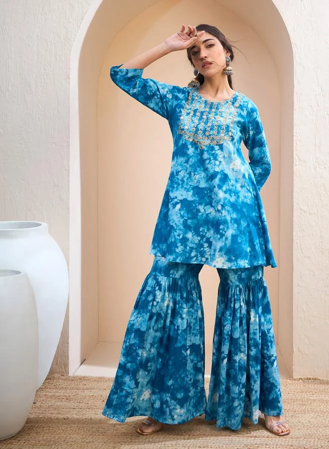SASSAFRAS Sassafras Blue Tie-Dye Embroidered Kurta and Sharara Set