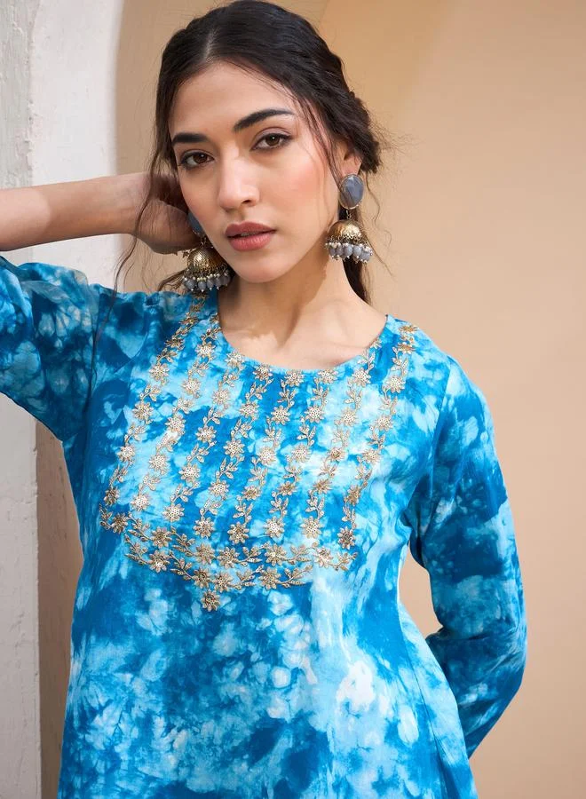 SASSAFRAS Sassafras Blue Tie-Dye Embroidered Kurta and Sharara Set