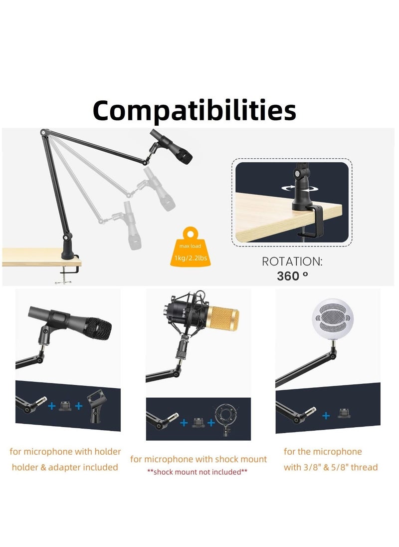 Generic Boom Arm Foldable Desktop Metal Mic Stand Adjustable Scissor Microphone Arm Bracket Desk Mount Clamp Hidden Cable Trough 3/8" to 5/8" Adapter  - Image 2