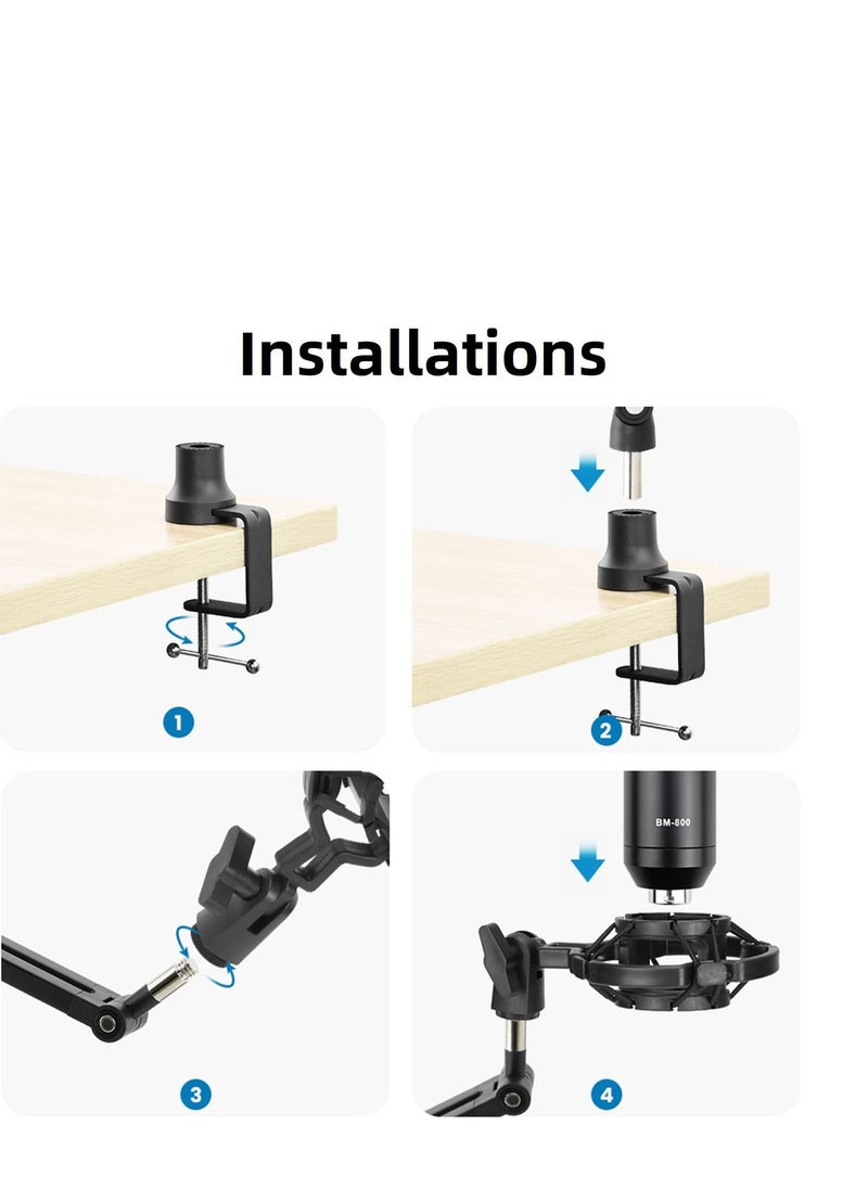 Boom Arm Foldable Desktop Metal Mic Stand Adjustable Scissor Microphone Arm Bracket Desk Mount Clamp Hidden Cable Trough 3/8" to 5/8" Adapter
