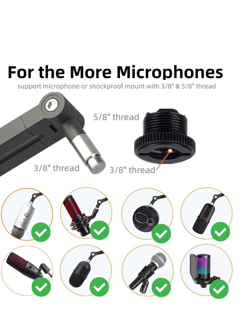 Boom Arm Foldable Desktop Metal Mic Stand Adjustable Scissor Microphone Arm Bracket Desk Mount Clamp Hidden Cable Trough 3/8" to 5/8" Adapter