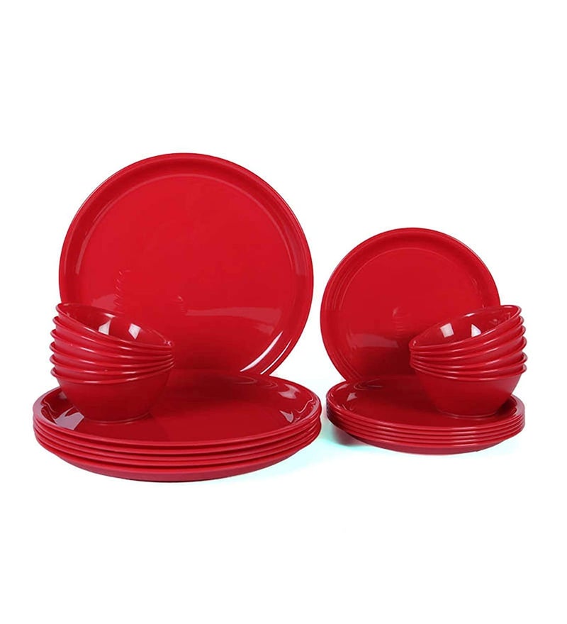 Urmila Plastic Microwave Safe Unbreakable Round Dinner Set Big Plates Set of 6 Small Plates Set of 6 12 Pcs Katori Made in India Set of 24 Red - Image 2