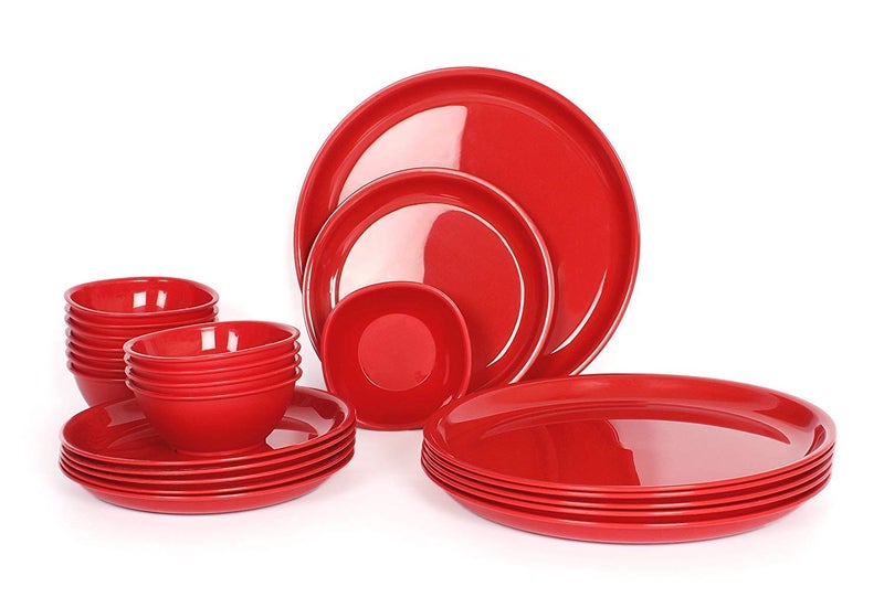 Urmila Plastic Microwave Safe Unbreakable Round Dinner Set Big Plates Set of 6 Small Plates Set of 6 12 Pcs Katori Made in India Set of 24 Red - Image 1