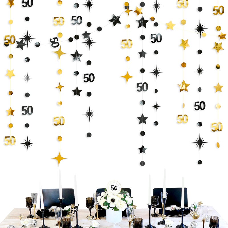 pinkblume Black Gold 50th Birthday Decorations Number 50 Circle Dot Twinkle Star Garland Metallic Hanging Streamer Banner Backdrop for Women Mens 50 Years Old Birthday Happy 50th Anniversary Party Supplies - Image 1