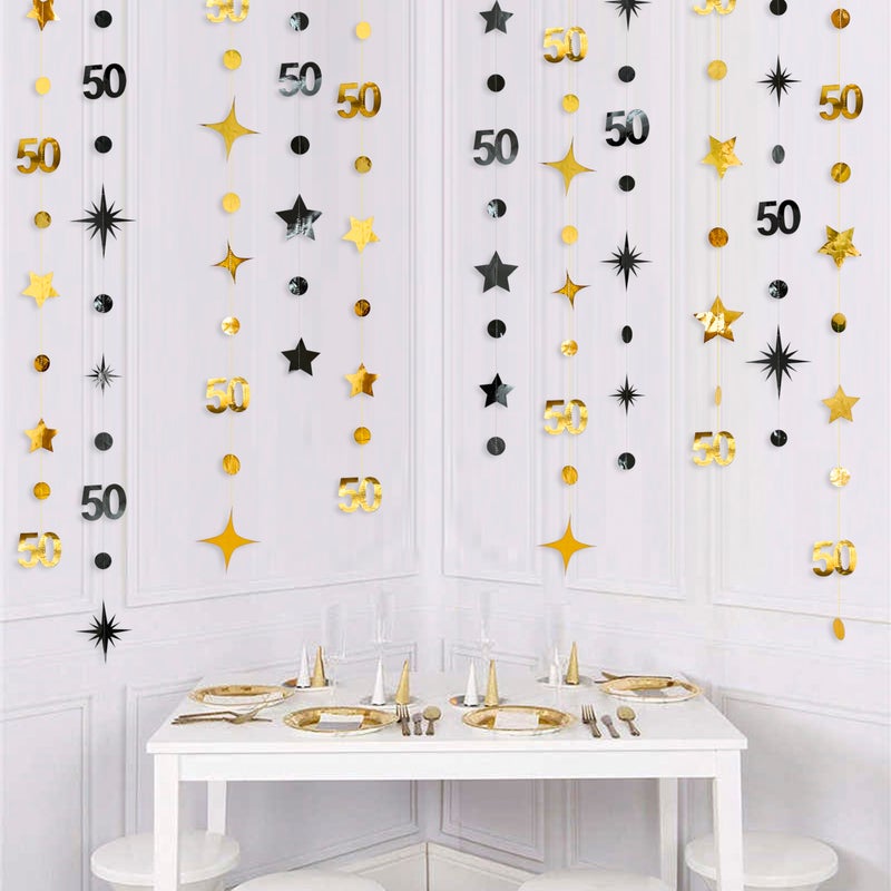 pinkblume Black Gold 50th Birthday Decorations Number 50 Circle Dot Twinkle Star Garland Metallic Hanging Streamer Banner Backdrop for Women Mens 50 Years Old Birthday Happy 50th Anniversary Party Supplies - Image 3