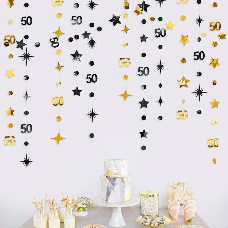pinkblume Black Gold 50th Birthday Decorations Number 50 Circle Dot Twinkle Star Garland Metallic Hanging Streamer Banner Backdrop for Women Mens 50 Years Old Birthday Happy 50th Anniversary Party Supplies - Image 5