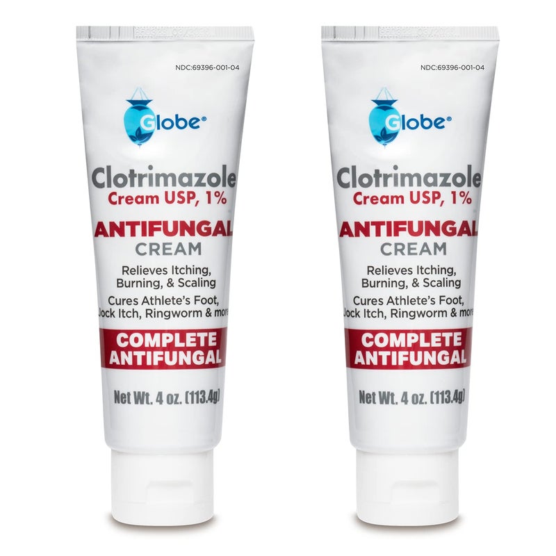 Globe Clotrimazole Antifungal Cream 1 USP 4 oz 2 Pack Anti Fungal Treatment Relieves Itching Burning Cracking and Scaling Associated Athletes Foot Jock Itch Ringworm and More Total 8 oz