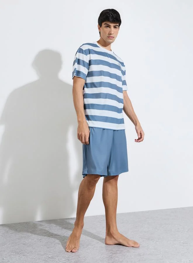 Multi-Color Striped T-Shirt and Solid Shorts Pyjama Set
