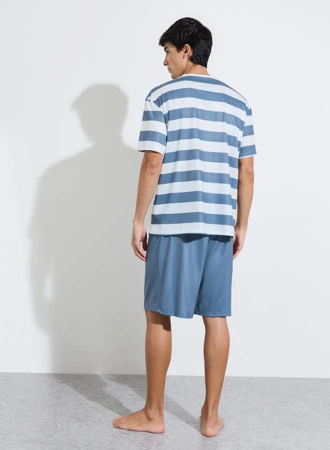Styli  Multi-Color Striped T-Shirt and Solid Shorts Pyjama Set for Men | Best Price UAE