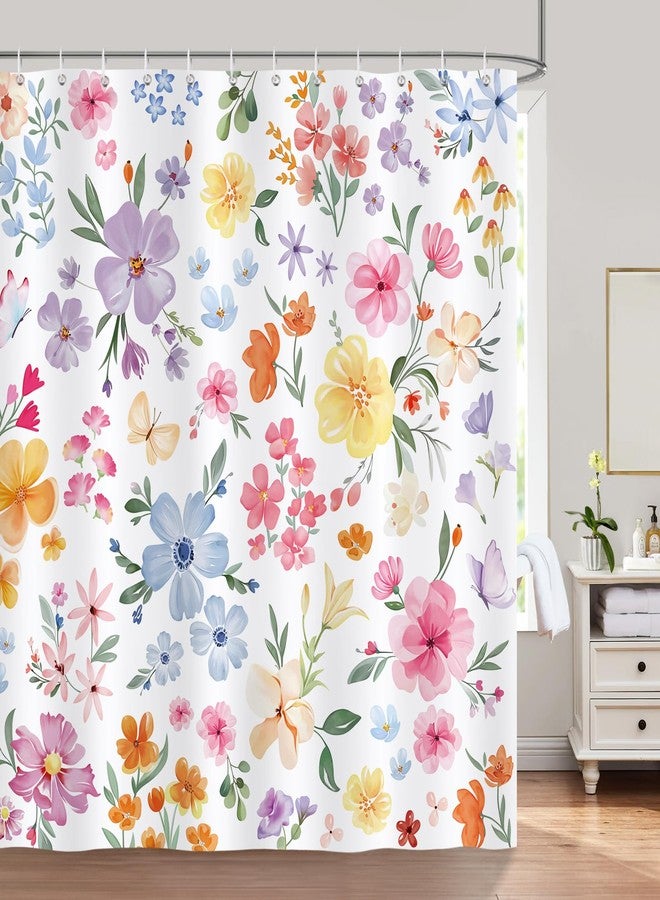 Bonhause Spring Floral Shower Curtain, Watercolor Flowers Colorful Wildflower Plant Bathroom Decor 72x72 Inch Polyester Fabric Waterproof Bath Curtain with 12 Hooks - Image 1