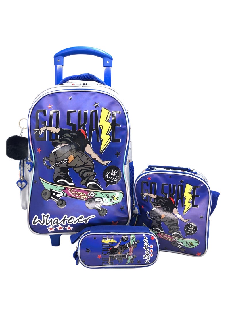 i-kola Blue Skate Design Rolling Backpack 18 inch Wheeled Kids Backpack with Lunch Bag and Pencil Case for Boys Blue And Silver - Image 1