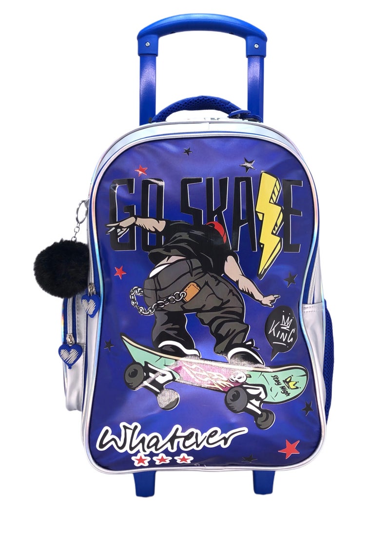 i-kola Blue Skate Design Rolling Backpack 18 inch Wheeled Kids Backpack with Lunch Bag and Pencil Case for Boys Blue And Silver - Image 2