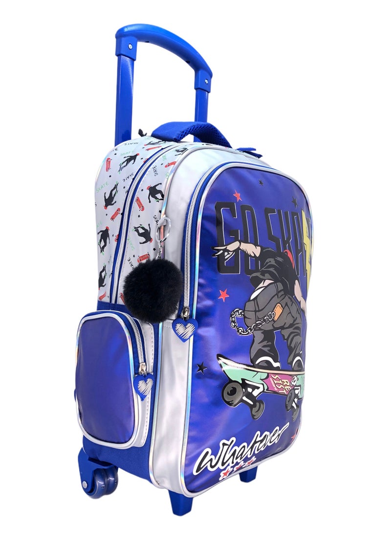 i-kola Blue Skate Design Rolling Backpack 18 inch Wheeled Kids Backpack with Lunch Bag and Pencil Case for Boys Blue And Silver - Image 3
