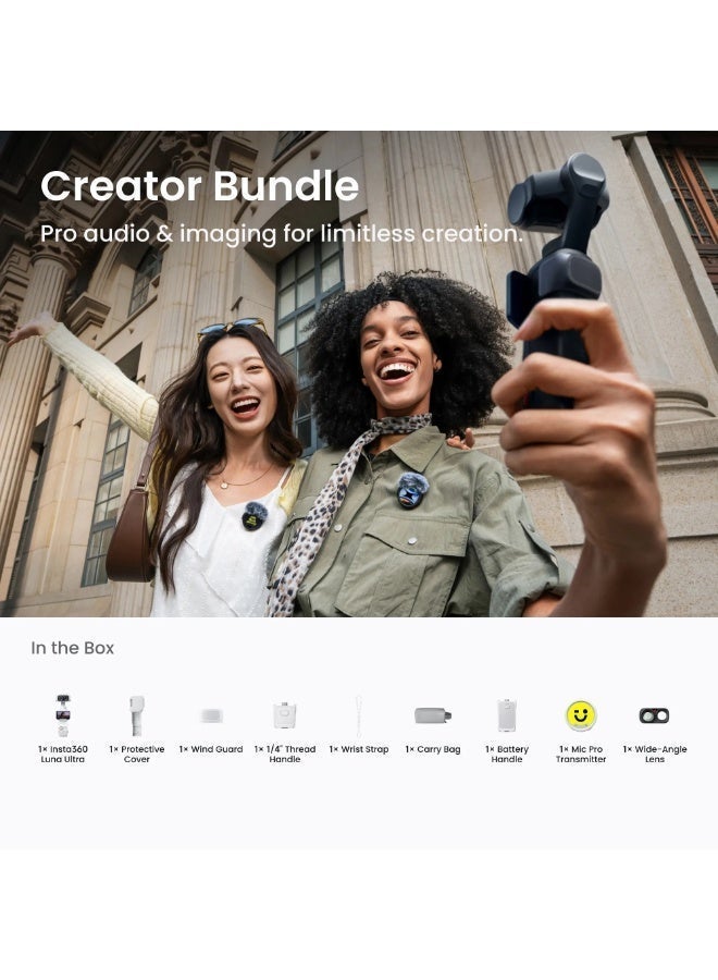 انستا 360 Luna Ultra Creator Bundle | 8K Pocket Size Gimbal Camera w/ Dual Leica Lens System, Standard Kit + Battery Handle + Mic Pro Tx + Wide-Angle Lens + Carry Case, For Content Creators - Cosmic White - Image 2