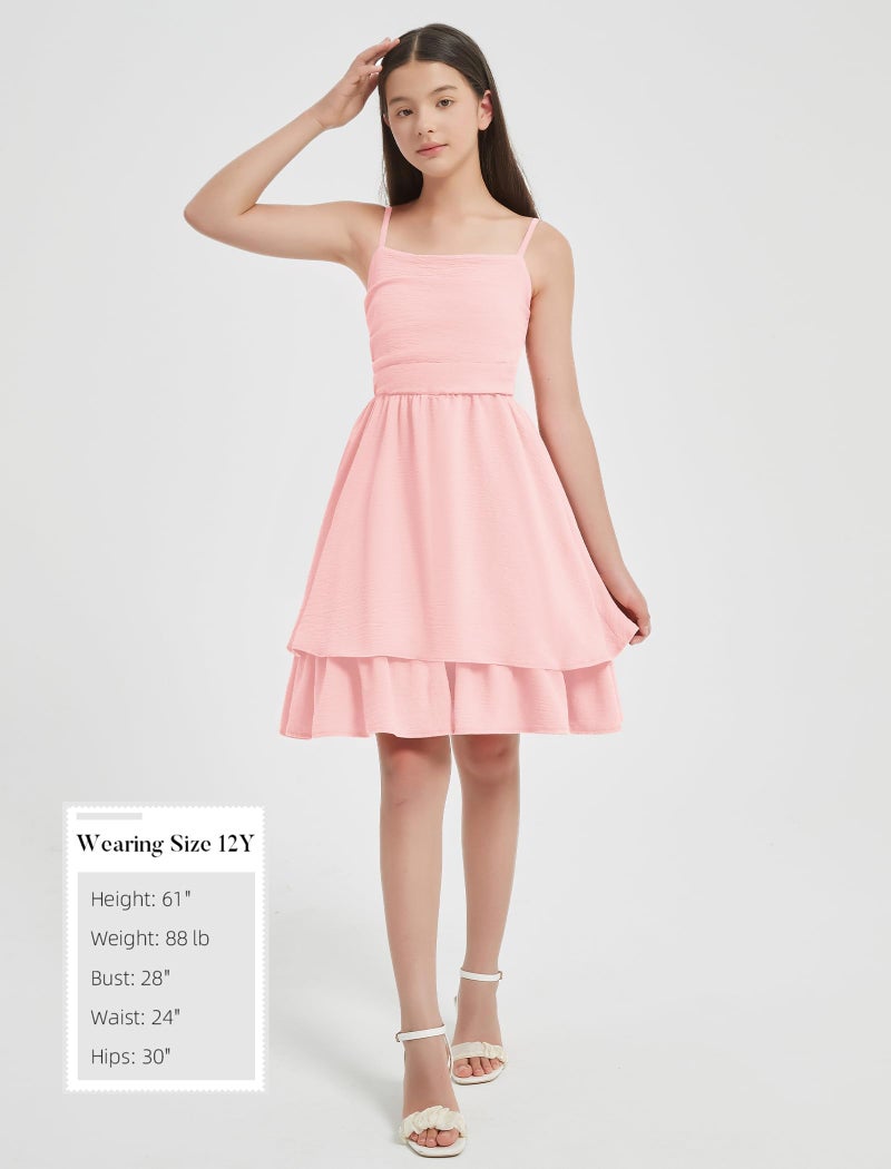 EXARUS Girls Dress Dusty Pink Teen Easter Church Formal Back to School Homecoming Dance Casual Tween Swing Ruched Flowy Ruffle Summer Spaghetti Strap Adjustable Outfits Dresses Cami for 10 Years - Image 5