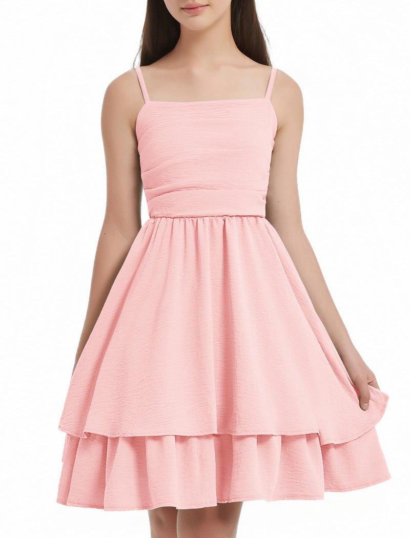 EXARUS Girls Dress Dusty Pink Teen Easter Church Formal Back to School Homecoming Dance Casual Tween Swing Ruched Flowy Ruffle Summer Spaghetti Strap Adjustable Outfits Dresses Cami for 10 Years - Image 2