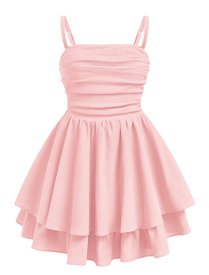 EXARUS Girls Dress Dusty Pink Teen Easter Church Formal Back to School Homecoming Dance Casual Tween Swing Ruched Flowy Ruffle Summer Spaghetti Strap Adjustable Outfits Dresses Cami for 10 Years - Image 1