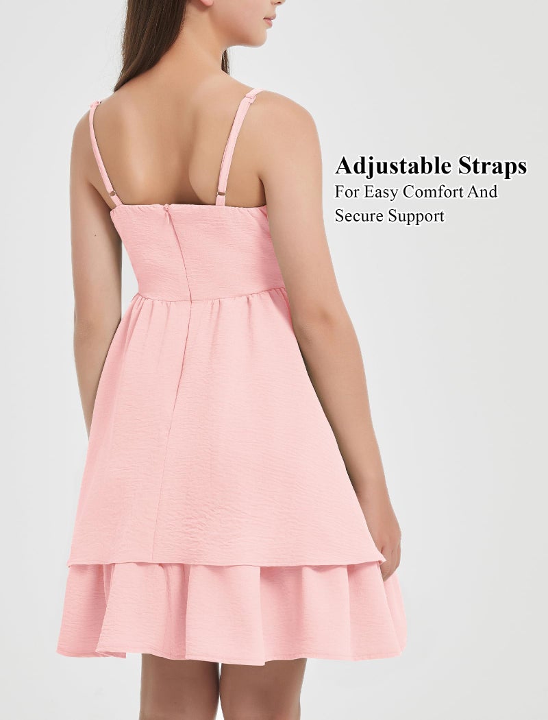 EXARUS Girls Dress Dusty Pink Teen Easter Church Formal Back to School Homecoming Dance Casual Tween Swing Ruched Flowy Ruffle Summer Spaghetti Strap Adjustable Outfits Dresses Cami for 10 Years - Image 4