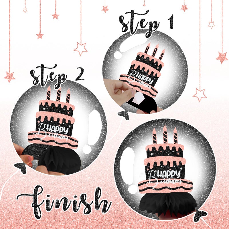 Celee Black and Pink Birthday Decorations â€“ 12Pcs Honeycomb Table Centerpieces for Women or Girls, Elegant Pink Black Party Table Toppers for Birthday Celebration - Image 3