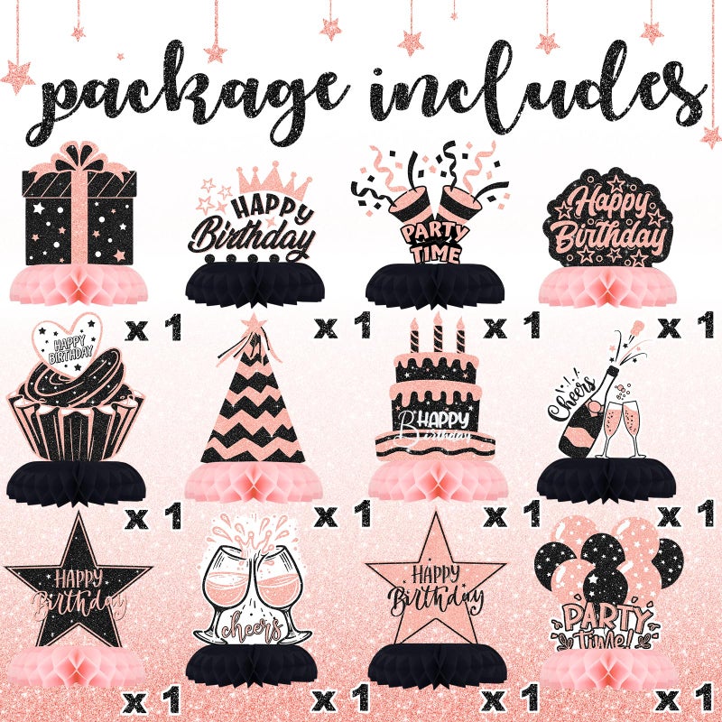 Celee Black and Pink Birthday Decorations â€“ 12Pcs Honeycomb Table Centerpieces for Women or Girls, Elegant Pink Black Party Table Toppers for Birthday Celebration - Image 4