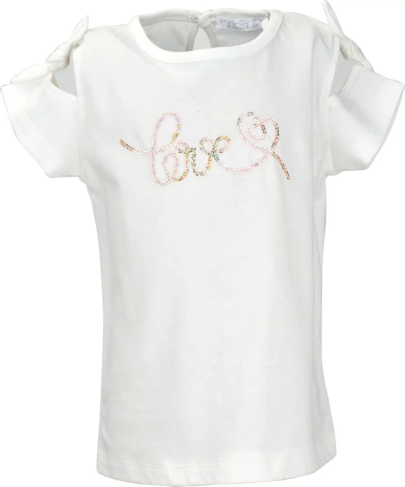 Mininio Baby Girl White Love Sequined Shoulder Bow T-Shirt (9 Months - 4 Years)