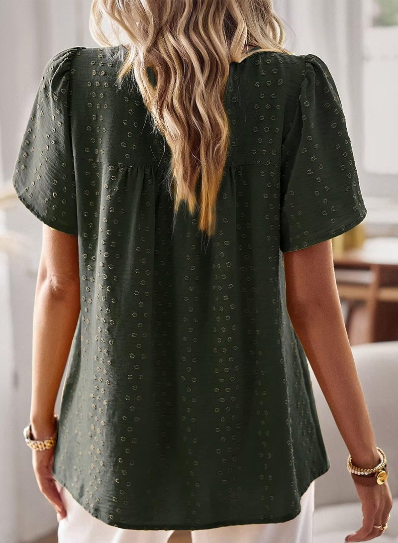 Falechay Blouses for Women Fashion 2025 Hook Flower Lace Crew Neck Boho Tunic Tops Short Sleeve Fall Shirts Green XXL - Image 3