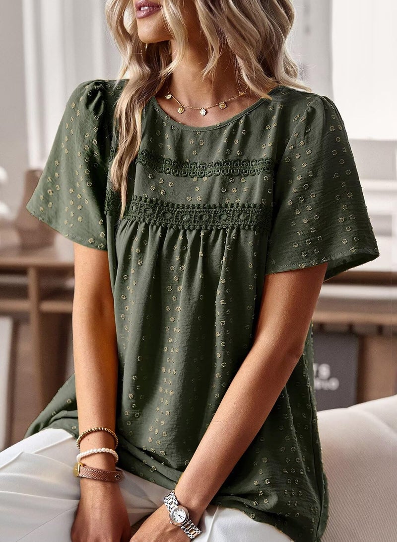 Falechay Blouses for Women Fashion 2025 Hook Flower Lace Crew Neck Boho Tunic Tops Short Sleeve Fall Shirts Green XXL - Image 2