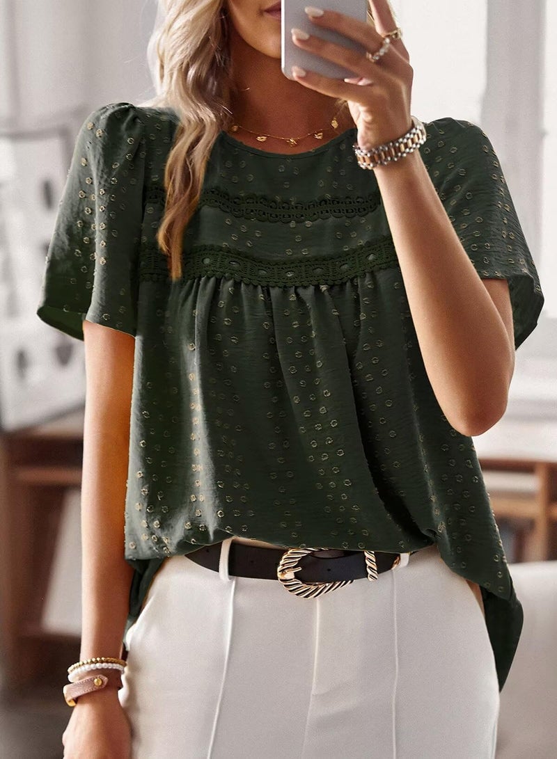 Falechay Blouses for Women Fashion 2025 Hook Flower Lace Crew Neck Boho Tunic Tops Short Sleeve Fall Shirts Green XXL - Image 4