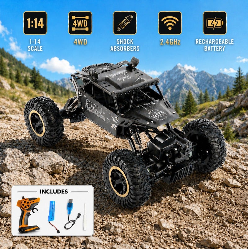 O2. Black 1:14 Scale Alloy 4WD Off-Road Climbing Remote Control Car with 2.4GHz Controller, Shock Absorbers, Rugged Tires and Rechargeable Battery, RC Rock Crawler Toy with USB Charging - Image 1