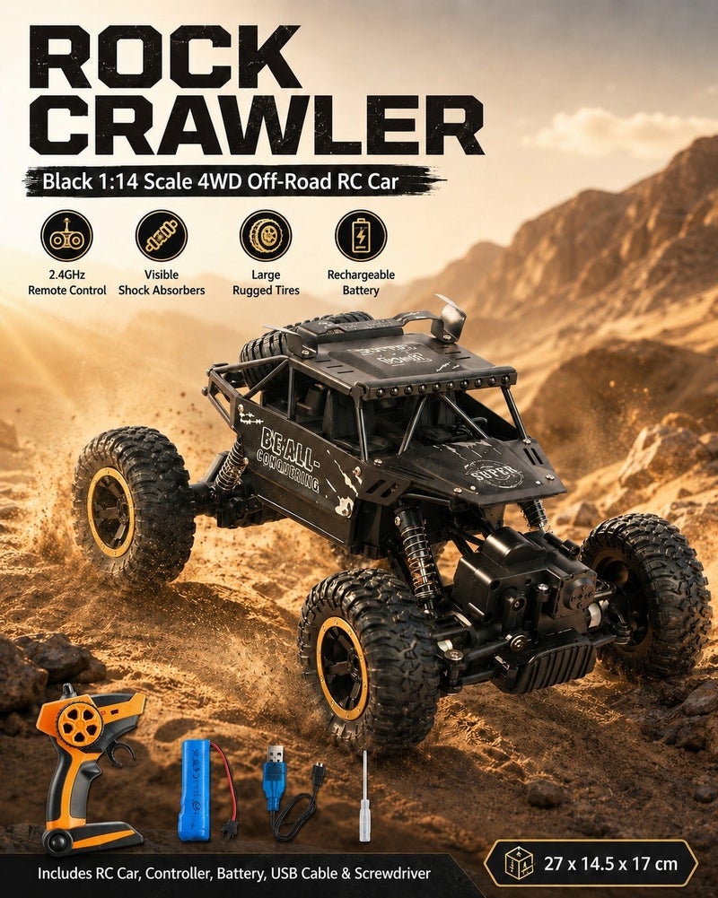 O2. سيارة تحكم عن بعد سوداء 1:14 للطرق الوعرة بنظام دفع رباعي 4WD، سيارة تسلق RC Rock Crawler بهيكل Alloy وريموت 2.4GHz ومساعدات صدمات وعجلات كبيرة وبطارية قابلة للشحن وكابل USB ومفك، 27 × 14.5 × 17 سم - Image 1