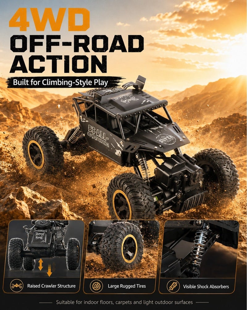 O2. سيارة تحكم عن بعد سوداء 1:14 للطرق الوعرة بنظام دفع رباعي 4WD، سيارة تسلق RC Rock Crawler بهيكل Alloy وريموت 2.4GHz ومساعدات صدمات وعجلات كبيرة وبطارية قابلة للشحن وكابل USB ومفك، 27 × 14.5 × 17 سم - Image 2