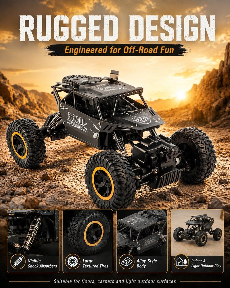 O2. سيارة تحكم عن بعد سوداء 1:14 للطرق الوعرة بنظام دفع رباعي 4WD، سيارة تسلق RC Rock Crawler بهيكل Alloy وريموت 2.4GHz ومساعدات صدمات وعجلات كبيرة وبطارية قابلة للشحن وكابل USB ومفك، 27 × 14.5 × 17 سم - Image 3