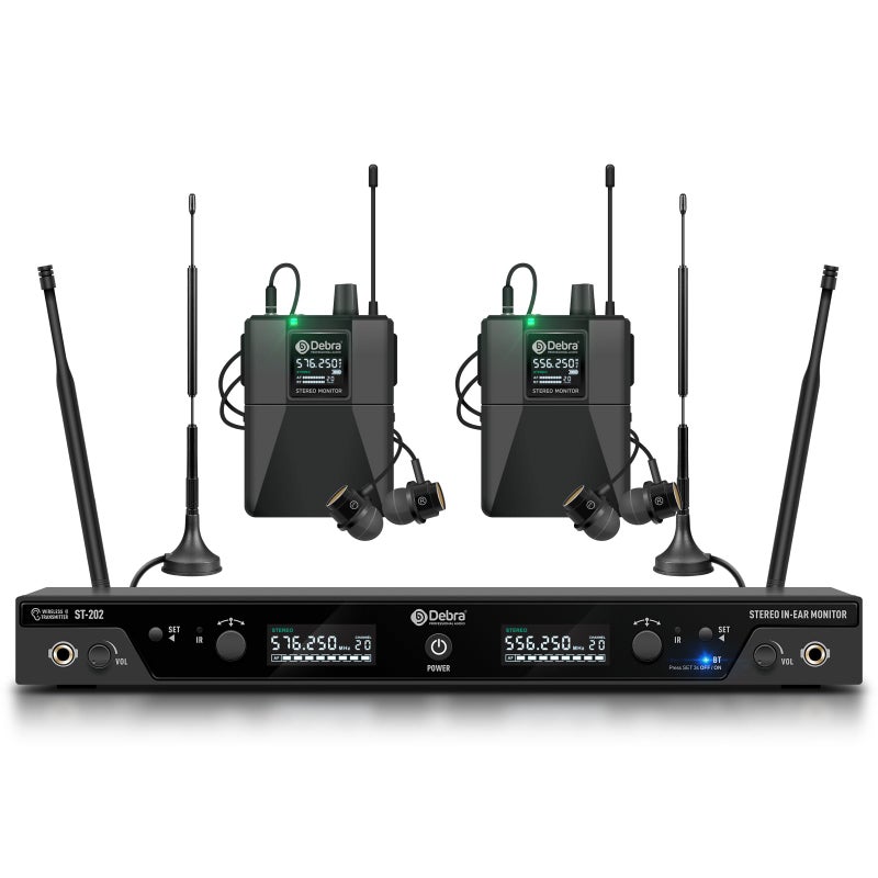 D Debra Audio PRO ST202 UHF Stereo Wireless in Ear Monitor System Dual Channel Wireless IEM with Monitoring Type for Stage Receiver for Studio Guitar Band Performance Dual Channel 2 Bodypack