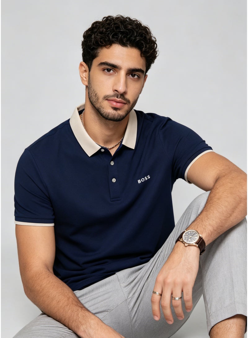 بوس قميص بولو قصير الأكمام بطوق بيج متباين للرجال من BOSS - أزرق داكن - Image 3