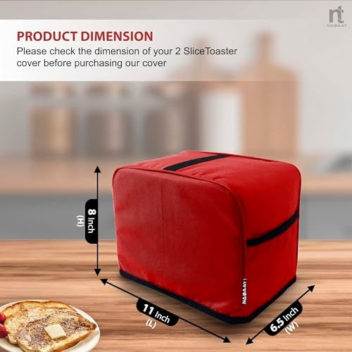 NABAAT Dust Proof Water Proof Washable Cover for 2 Slice Toaster Pop up Kitchen with Pockets Standard Size, Red (11”x 6.5”x 8”) - Image 2