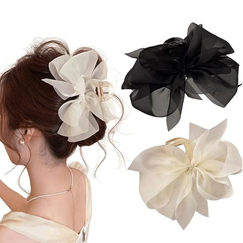 Melodio 2-Piece Chiffon Bow Clips Hair Clips for Women Girls Elegant Hair Accessories Hair Clips (Black and White) - Image 1