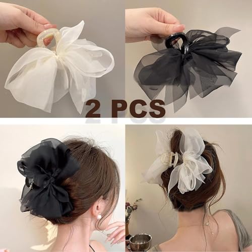 Melodio 2-Piece Chiffon Bow Clips Hair Clips for Women Girls Elegant Hair Accessories Hair Clips (Black and White) - Image 2