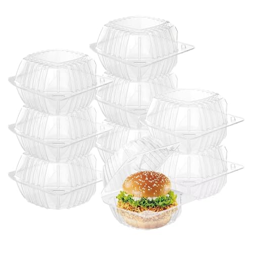 BallHull 100 Pcs Clear Thickening Plastic Hinged Take Out Containers Disposable Clamshell Food Cake Containers with Lids 5.8 x 5.8 x 3.2 inch for Dessert, Cakes, Cookies, Salads, Pasta, Sandwiches - Image 1