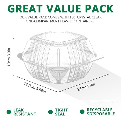 BallHull 100 Pcs Clear Thickening Plastic Hinged Take Out Containers Disposable Clamshell Food Cake Containers with Lids 5.8 x 5.8 x 3.2 inch for Dessert, Cakes, Cookies, Salads, Pasta, Sandwiches - Image 2