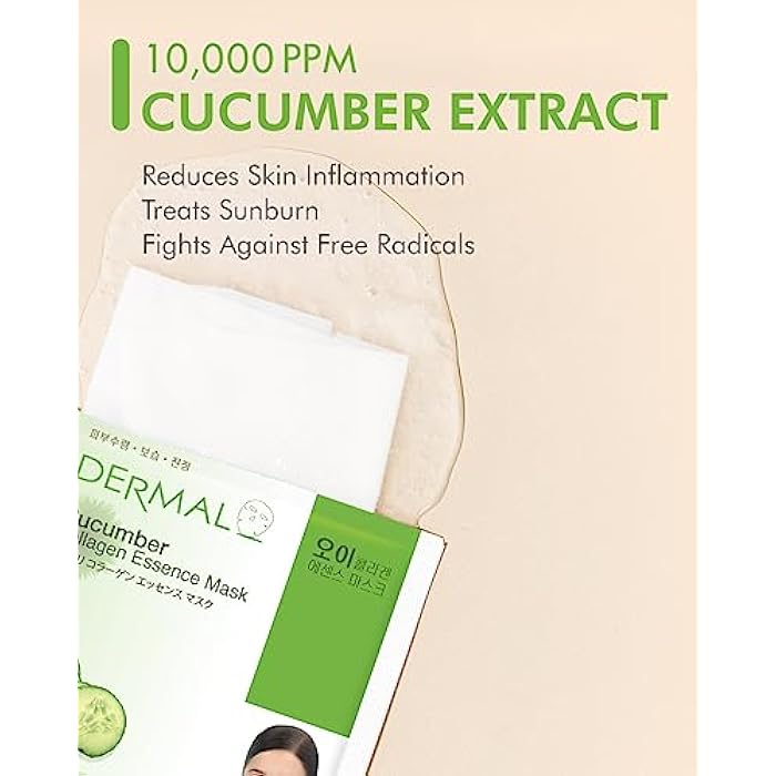 DERMAL قناع الوجه من ديرمال بخلاصة الكولاجين بالخيار 23 جرام عبوة من 10 - مهدئ ومرطب، تخفيف الاحمرار وحروق الشمس، حل يومي لعلاج البشرة - Image 3