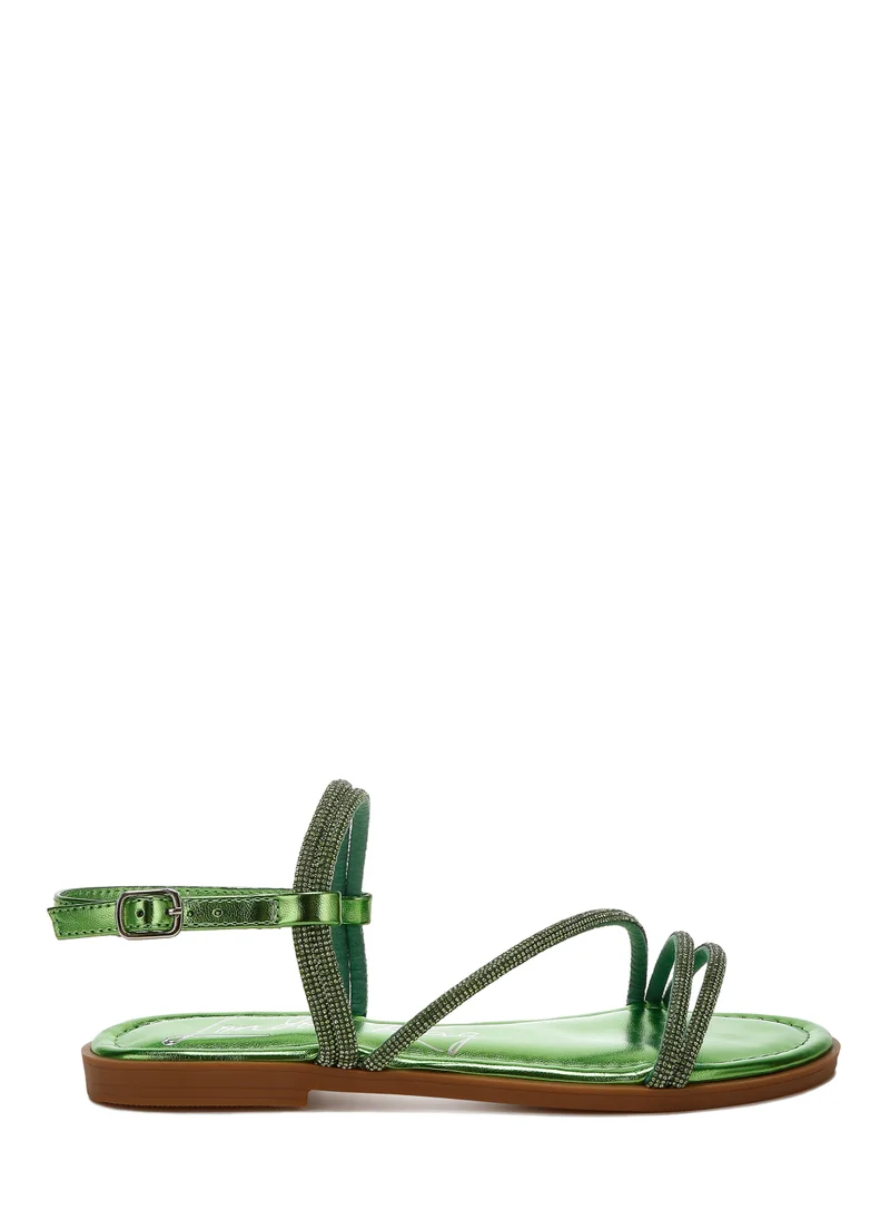 London Rag Rhinestone Strappy Flat Sandals in Green