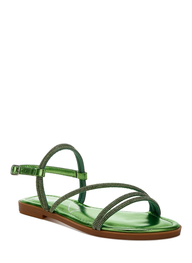 London Rag Rhinestone Strappy Flat Sandals in Green