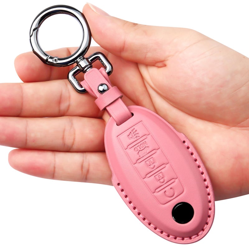Tukellen for Nissan Leather Key Fob Cover with Keychain Compatible with Altima Pathfinder Armada Murano Maxima Rogue Infinity Smart Remote Genuine Leather Case For Nissan 5 Button Smart KeyPink
